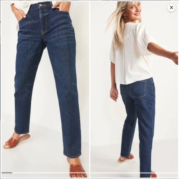 Old Navy High Rise Slouchy Straight Dark Wash Denim CAPRI Jeans - Size 14 EXC - Picture 2 of 10